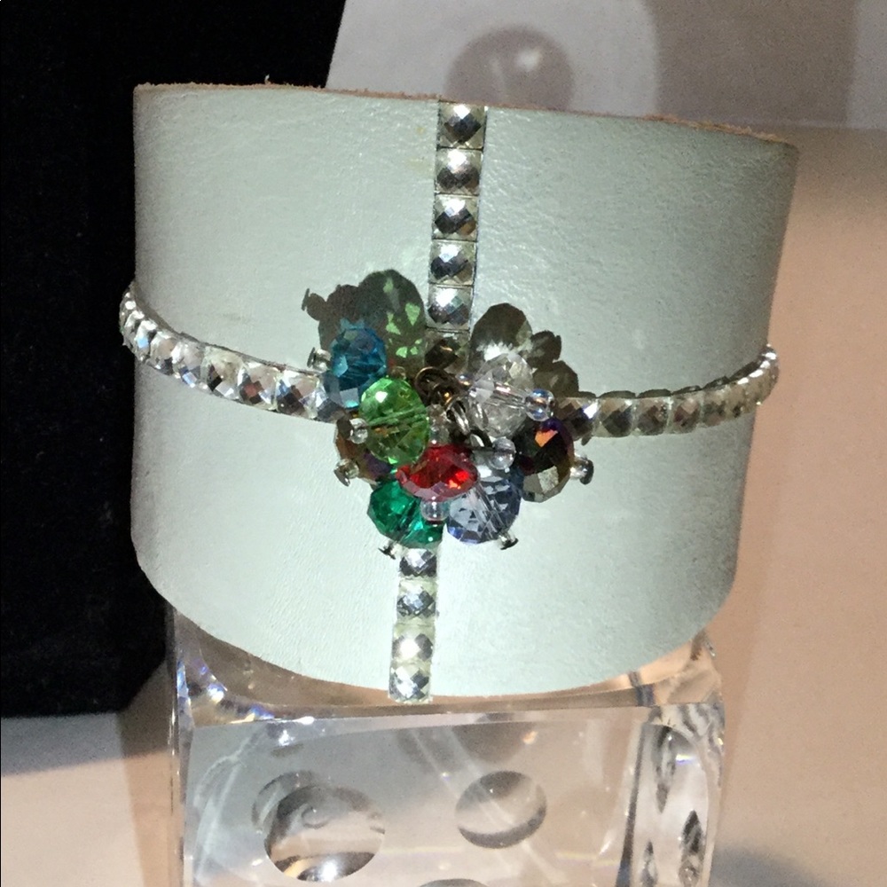 White Leather cuff with crystals